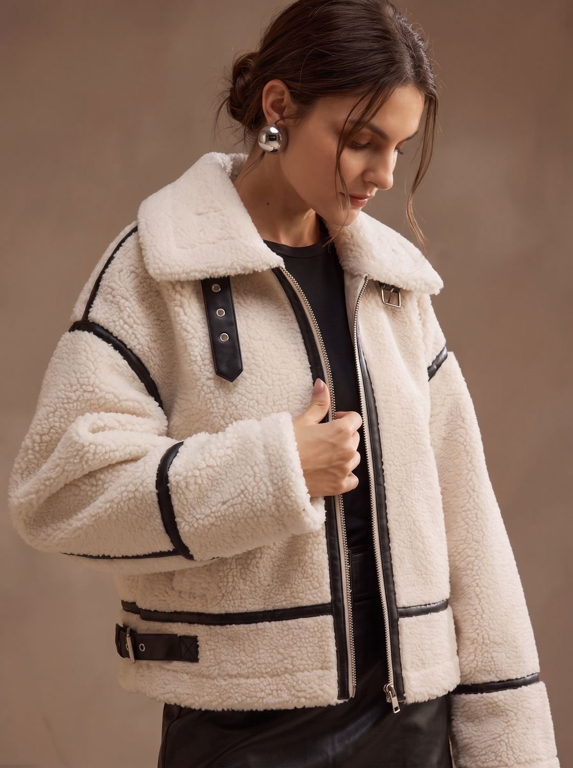 Florence | Women's Oversized Sherpa Teddy Jacket Contrast Trim Zip-Up