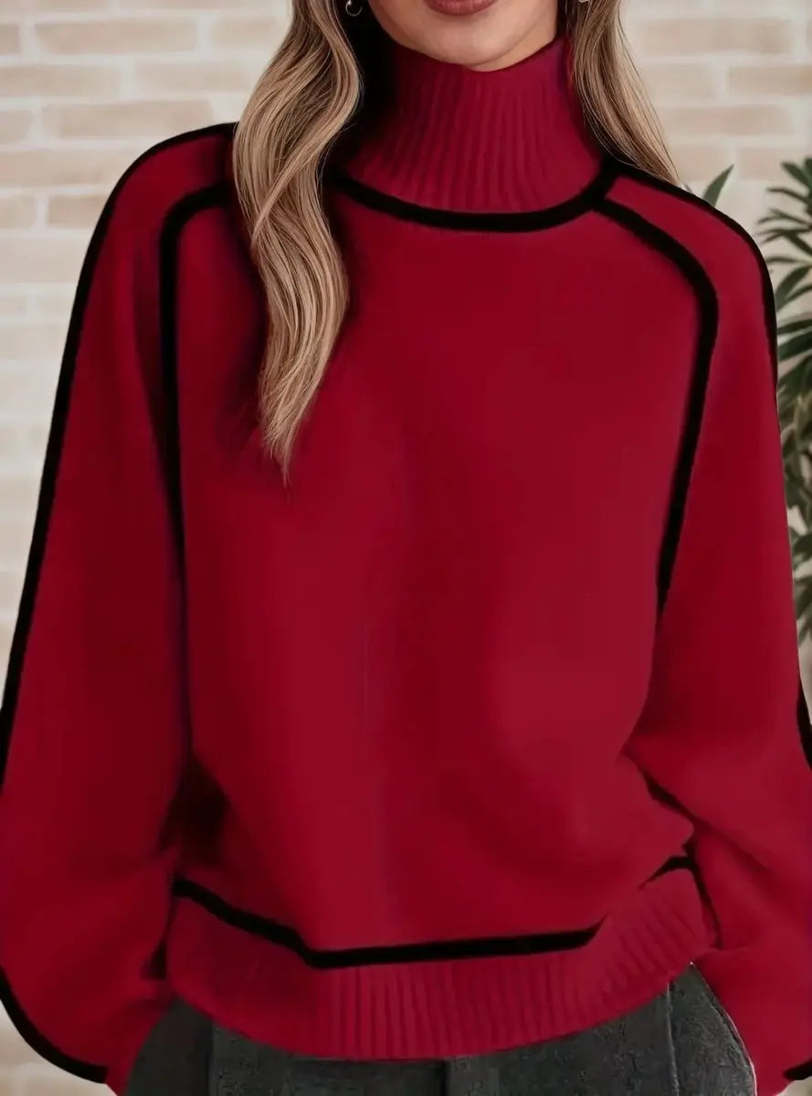 Women's Oversized Turtleneck Contrast Stripe Knit Sweater
