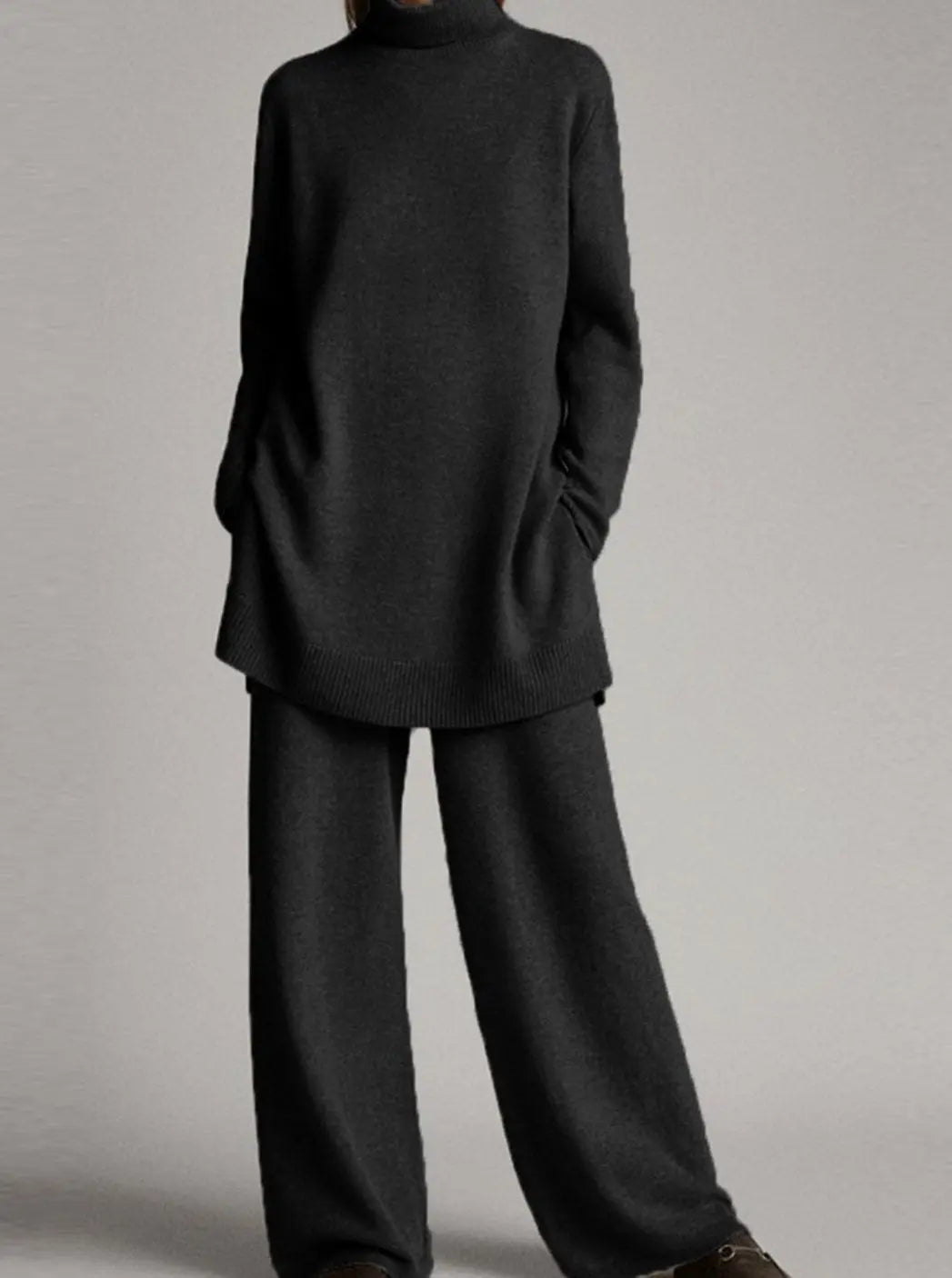 Women's Oversized Turtleneck Knit Lounge Set Wide-Leg Trousers