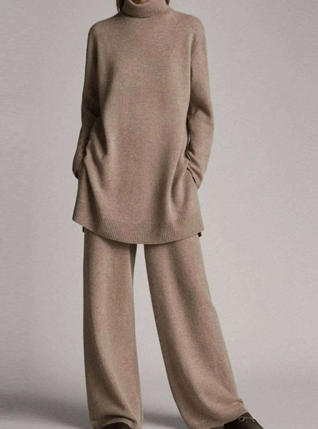 Women's Oversized Turtleneck Knit Lounge Set Wide-Leg Trousers