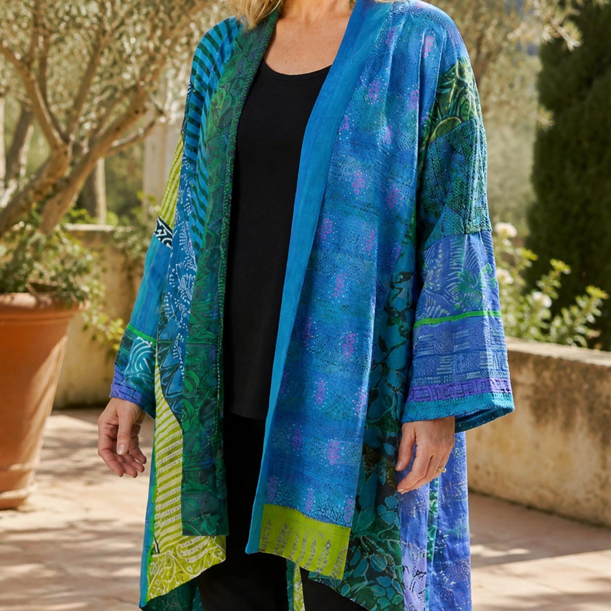 Women's Patchwork Open-Front Longline Cardigan Wide Sleeves