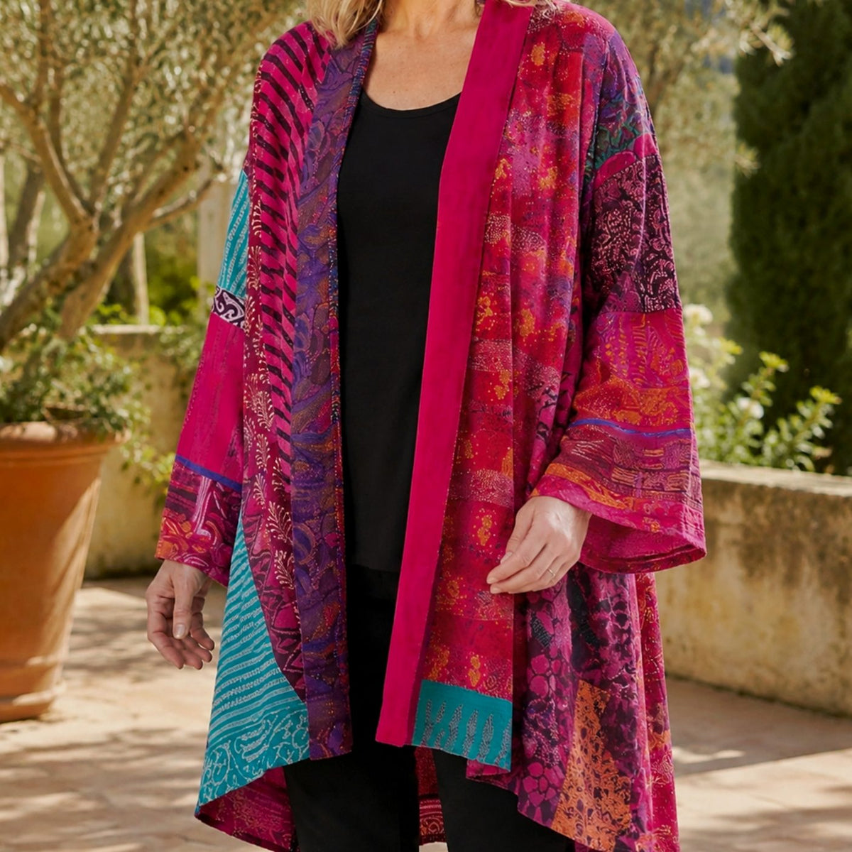 Women's Patchwork Open-Front Longline Cardigan Wide Sleeves