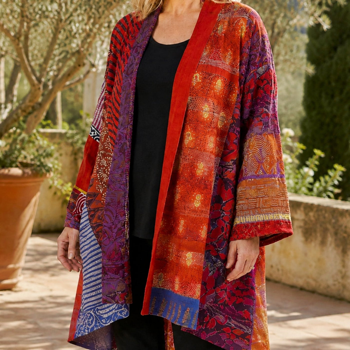 Women's Patchwork Open-Front Longline Cardigan Wide Sleeves