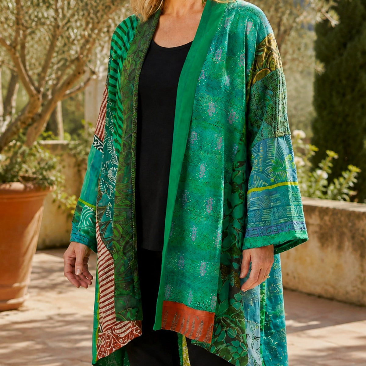 Women's Patchwork Open-Front Longline Cardigan Wide Sleeves