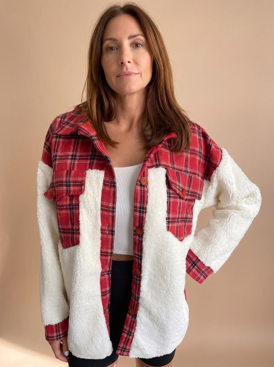 Sophie | Women's Plaid Sherpa Fleece Button-Up Shacket