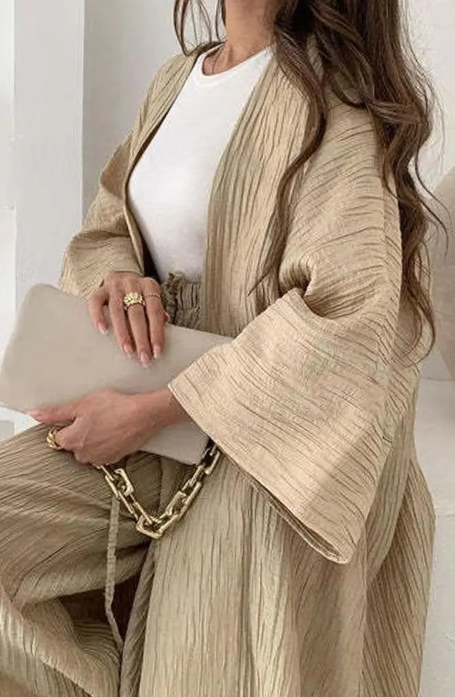 Women's Pleated Kimono Wide-Leg Trouser Two-Piece Set Co Ord