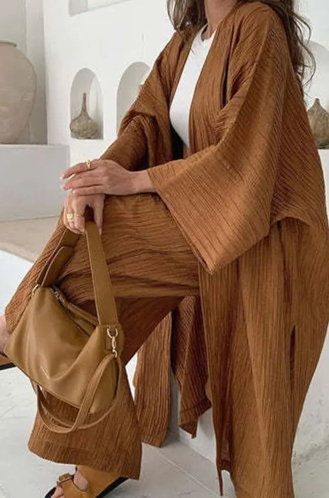Women's Pleated Kimono Wide-Leg Trouser Two-Piece Set Co Ord