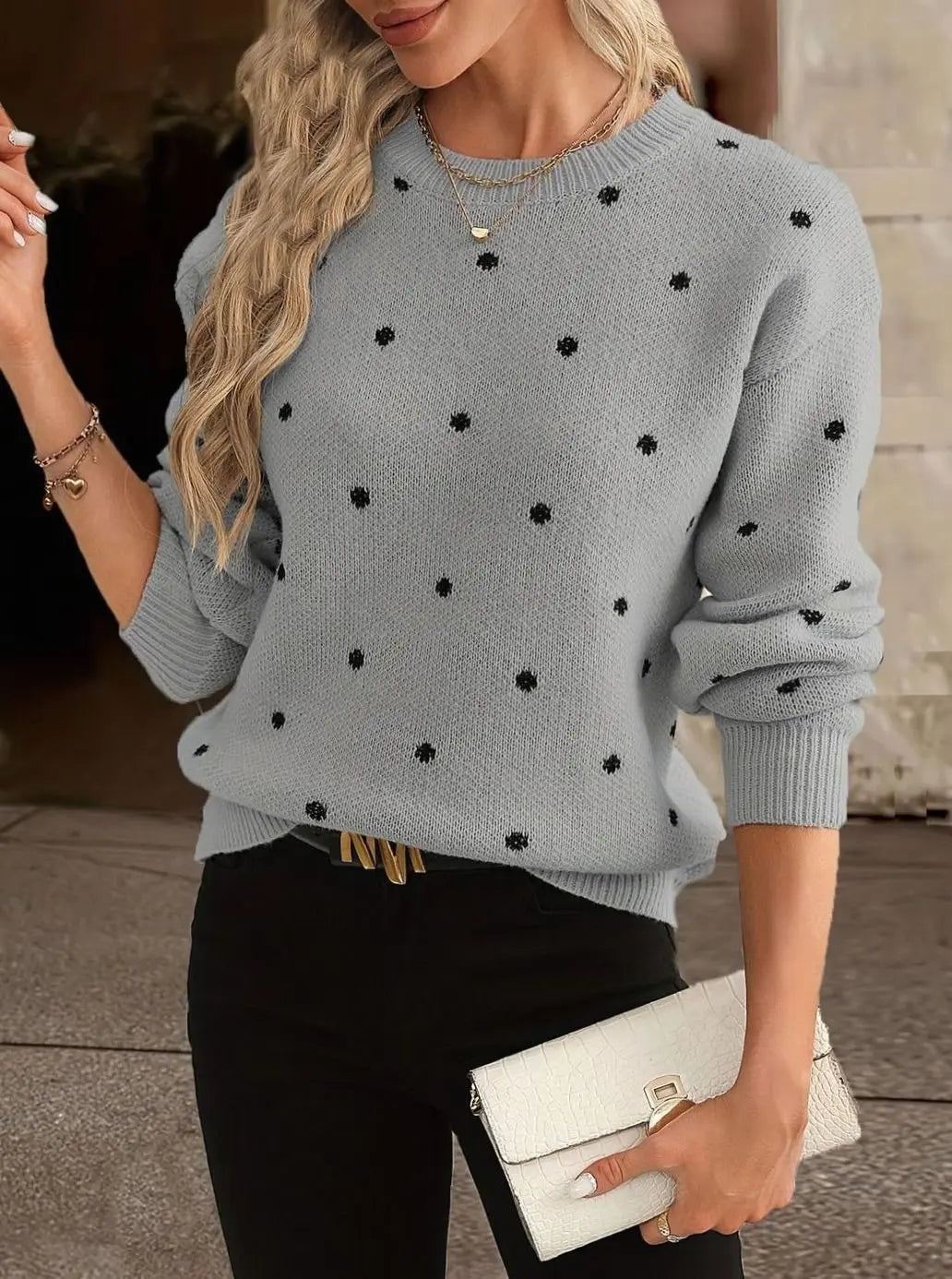 Women's Polka Dot Round-Neck Long-Sleeve Knit Sweater
