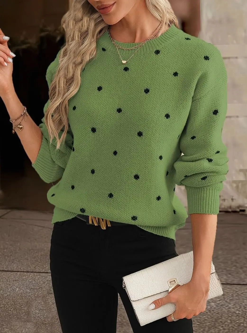 Women's Polka Dot Round-Neck Long-Sleeve Knit Sweater