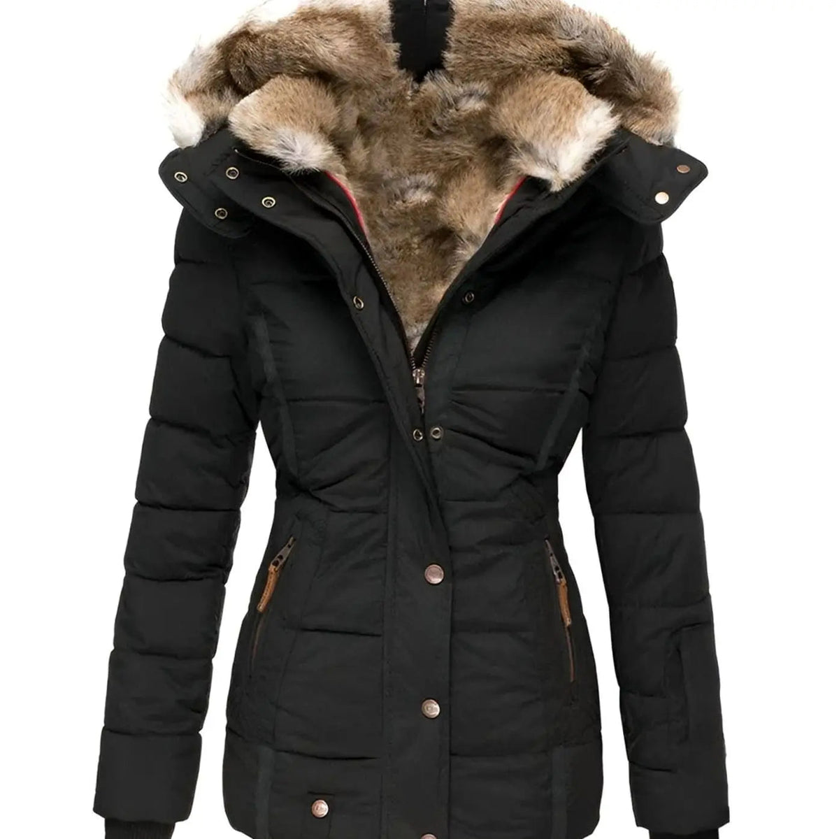 Women's Quilted Hooded Faux Fur Trim Puffer Jacket