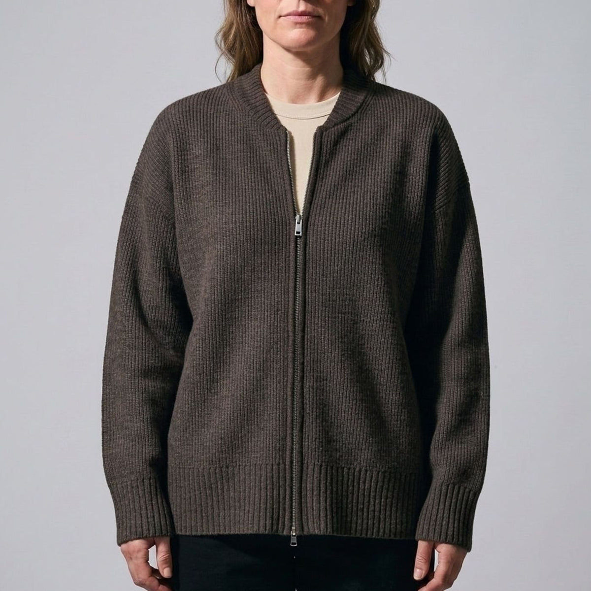 Women's Relaxed-Fit Full-Zip Ribbed Knit Cardigan