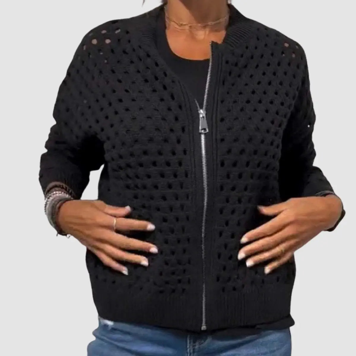Women's Relaxed-Fit Hollow-Knit Zip-Up Cardigan