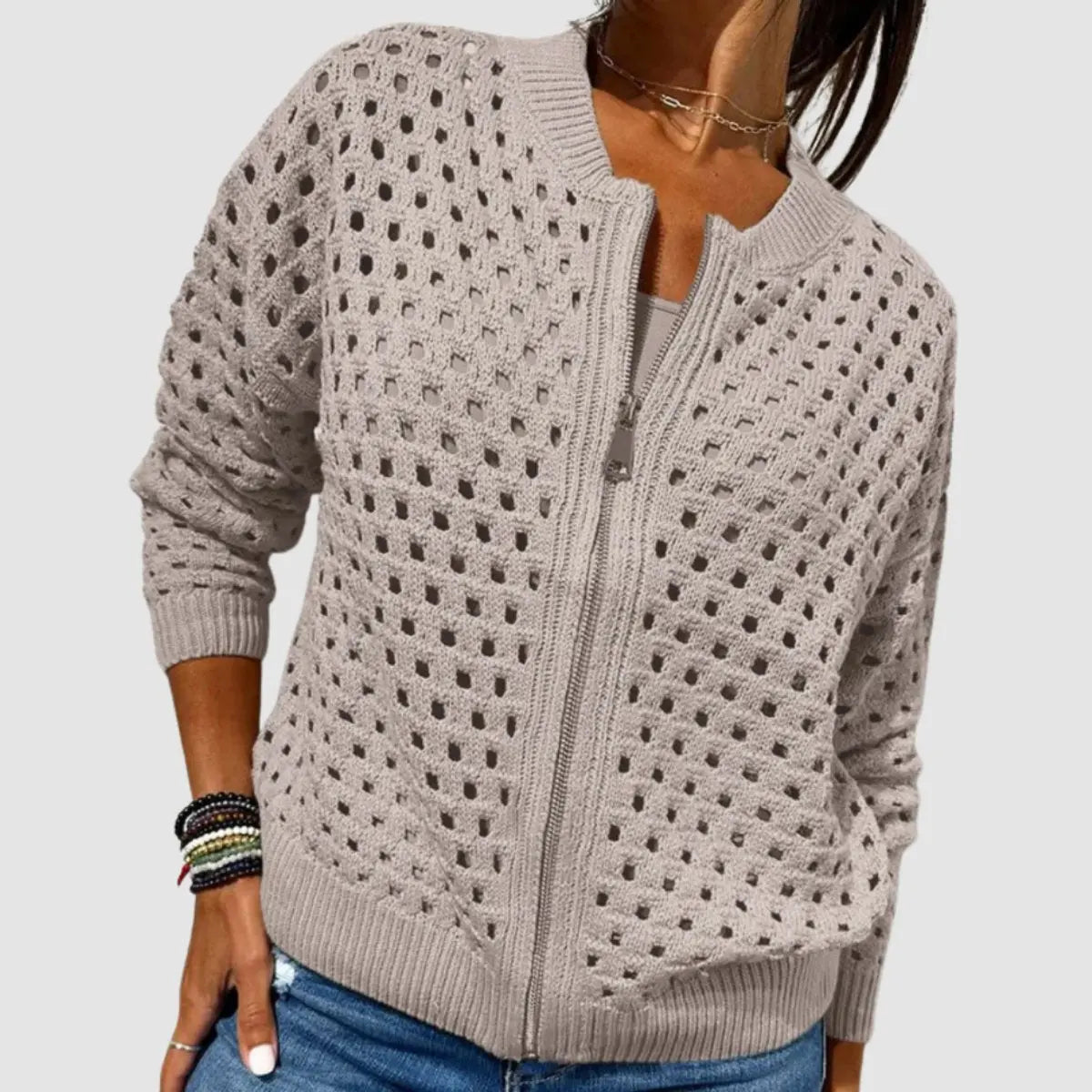 Women's Relaxed-Fit Hollow-Knit Zip-Up Cardigan