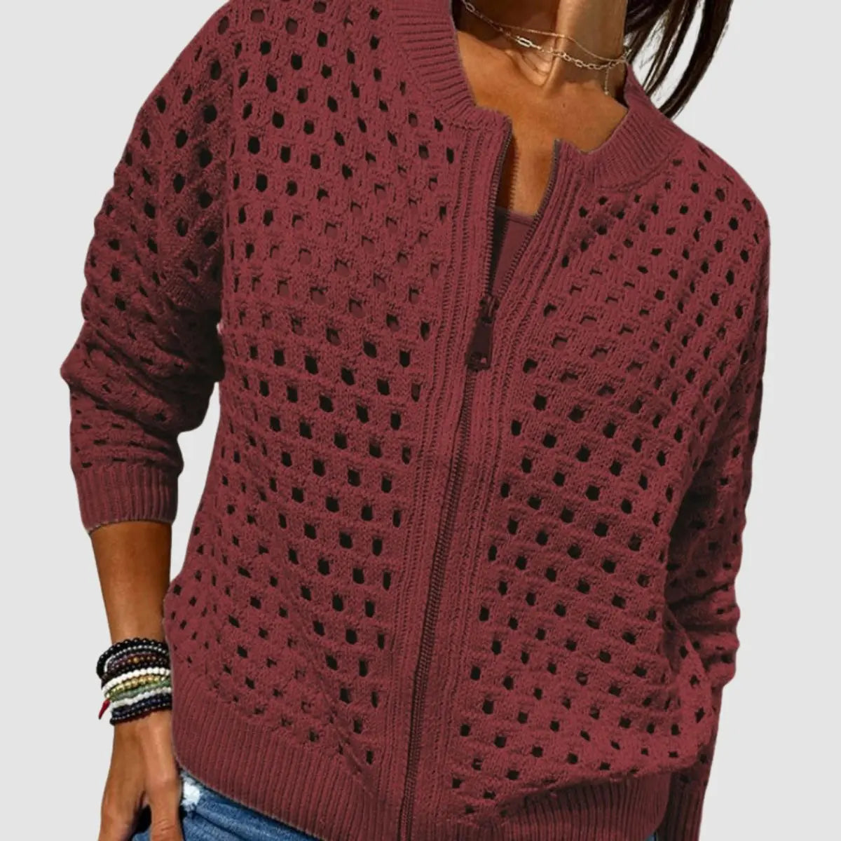 Women's Relaxed-Fit Hollow-Knit Zip-Up Cardigan