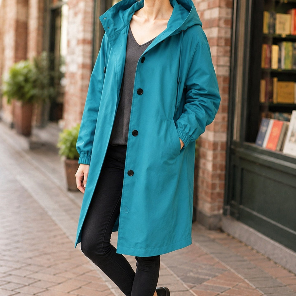 Women's Relaxed-Fit Hooded Overcoat Button-Front Knee-Length