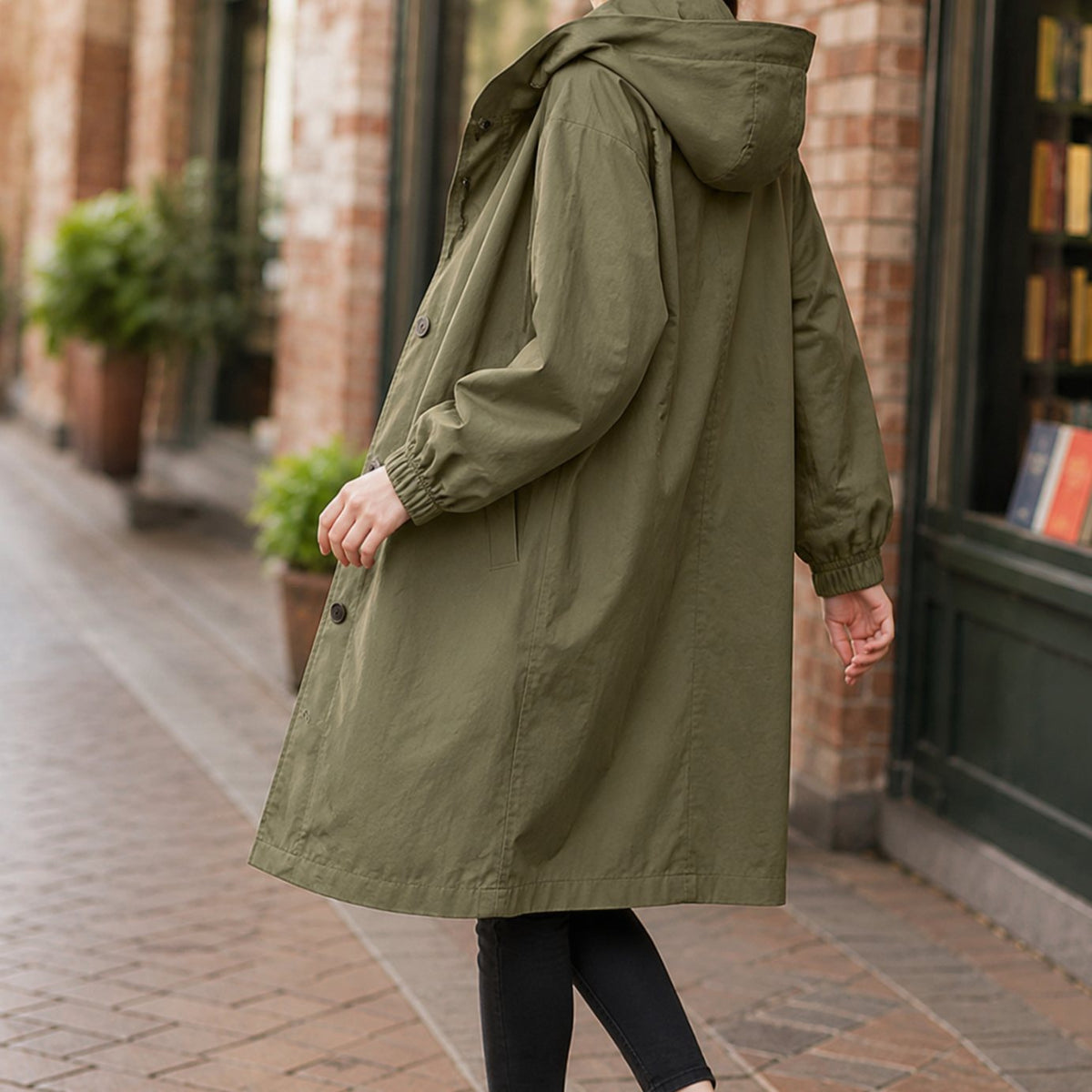 Women's Relaxed-Fit Hooded Overcoat Button-Front Knee-Length