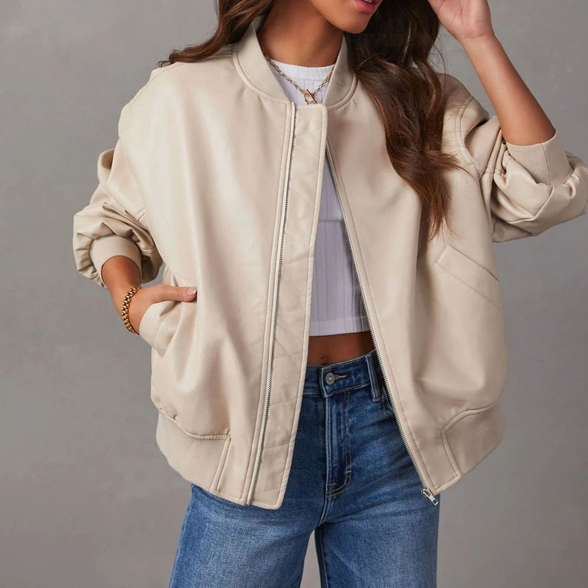 Women's Relaxed-Fit Zip-Up Vegan Leather Bomber Jacket