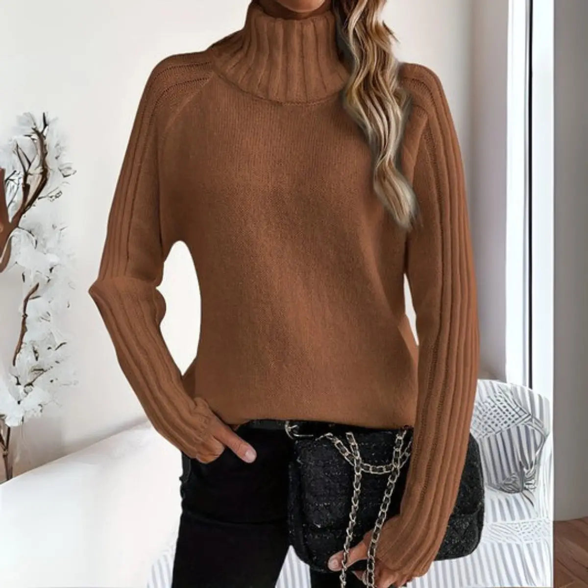 Women's Ribbed Knit Turtleneck Sweater Relaxed Fit Jumper
