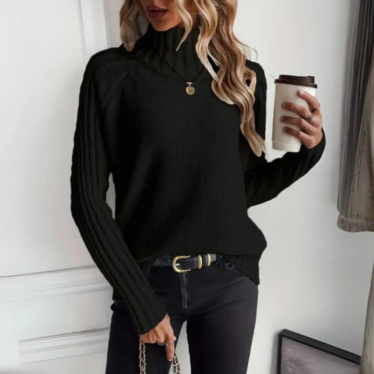 Women's Ribbed Knit Turtleneck Sweater Relaxed Fit Jumper