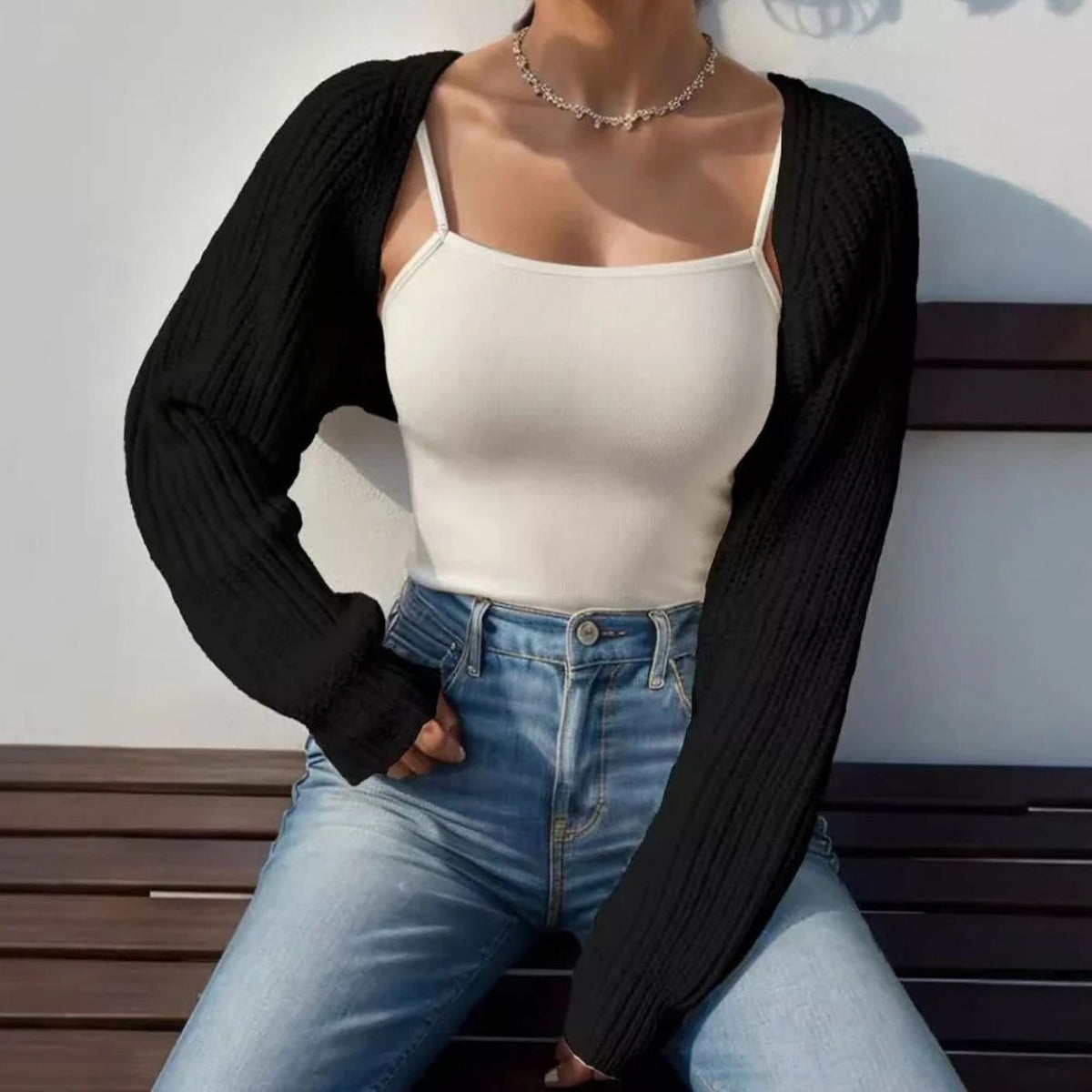 Women's Ribbed Knitted Bolero Shrug Open-Front Cropped Cardigan
