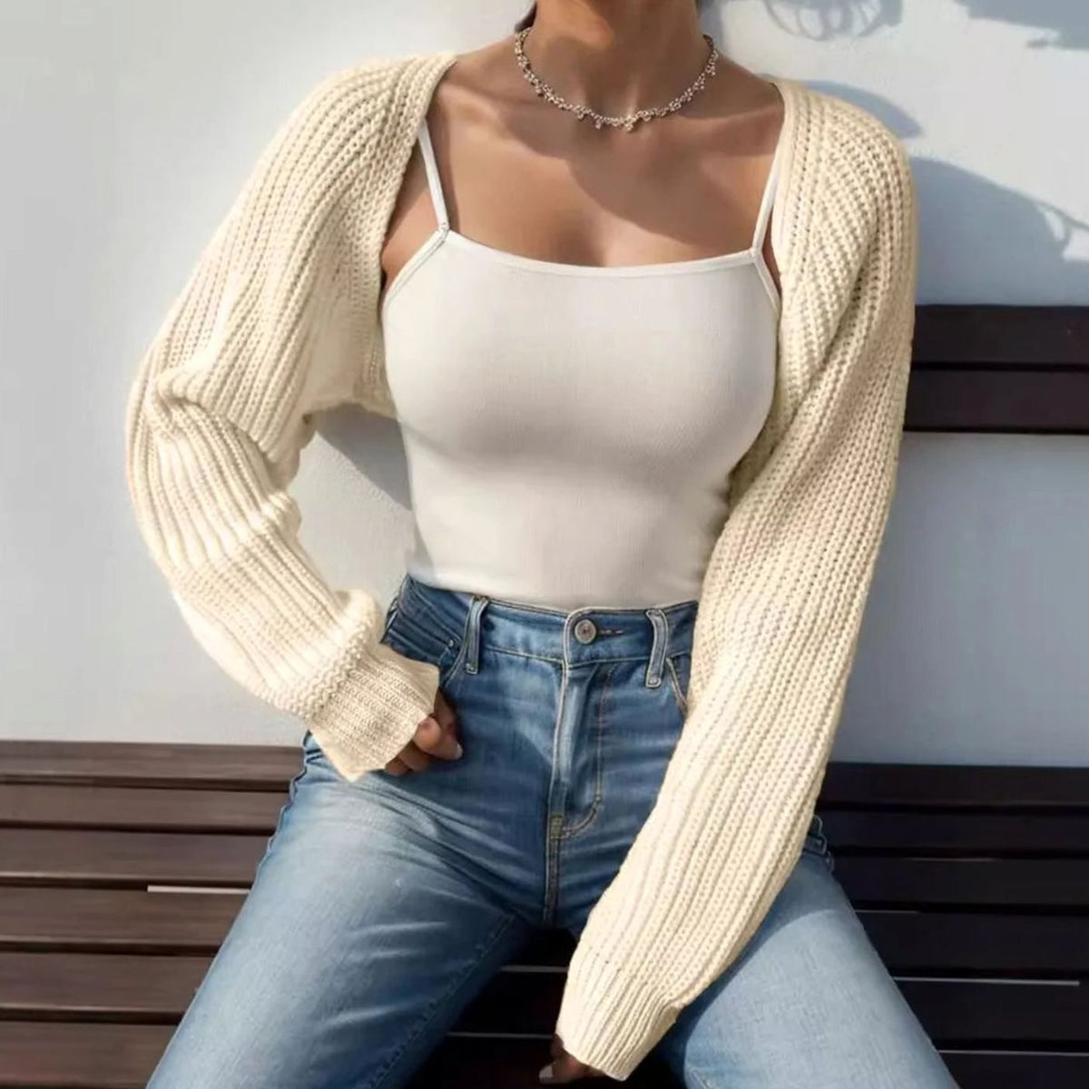 Women's Ribbed Knitted Bolero Shrug Open-Front Cropped Cardigan