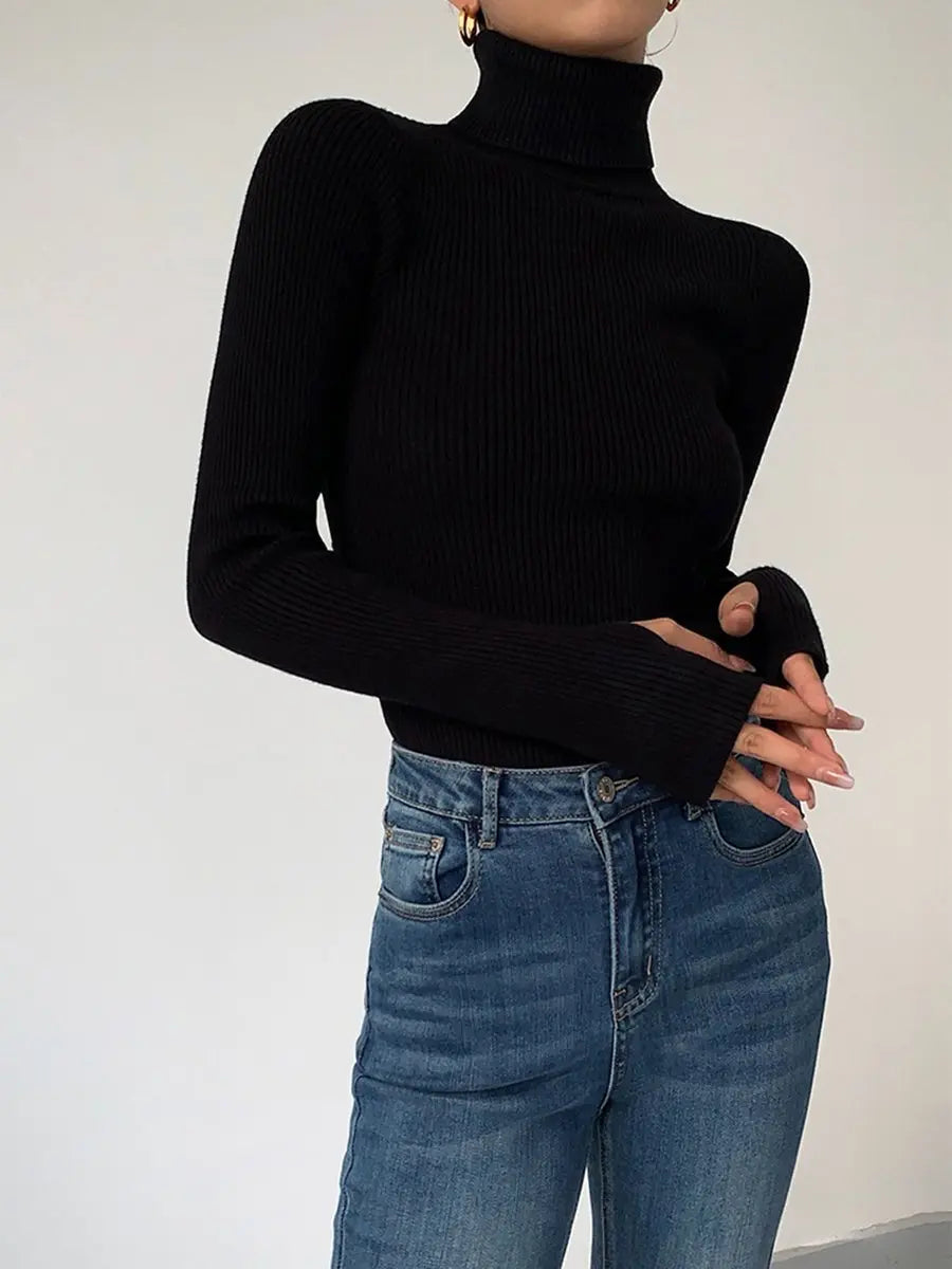 Women's Ribbed Turtleneck Knit Sweater Lightweight Transitional