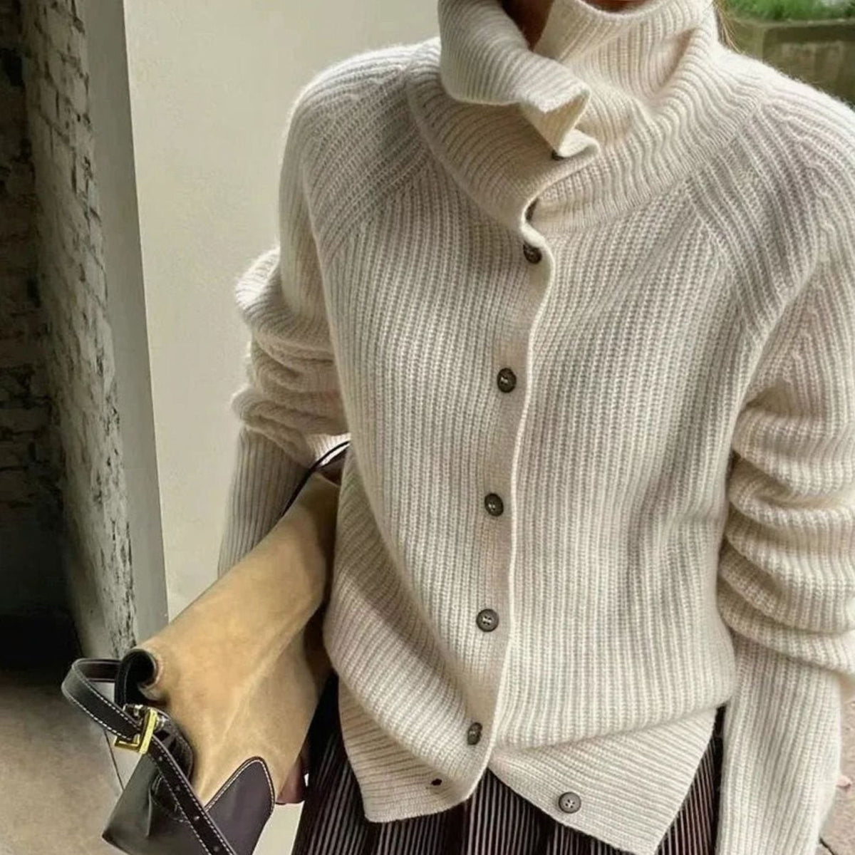 Women's Roll Neck Button-Front Knit Cardigan Jumper