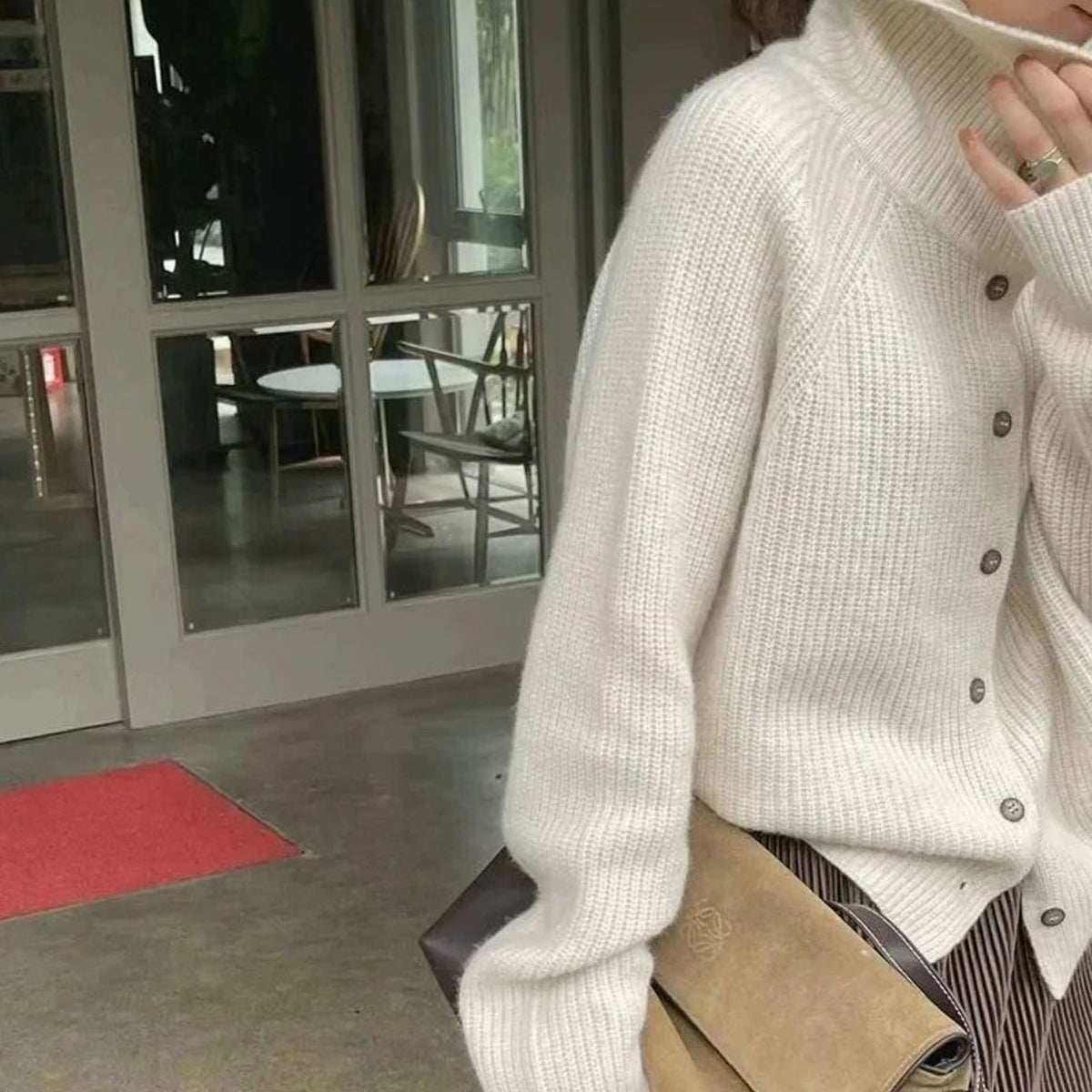 Women's Roll Neck Button-Front Knit Cardigan Jumper