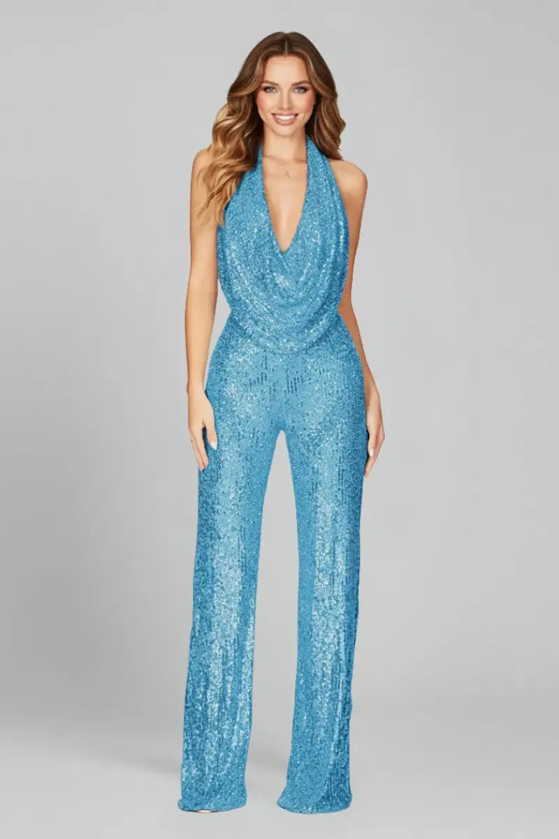 Women's Sequin Halter-Neck Cowl Wide Leg Pants Jumpsuit