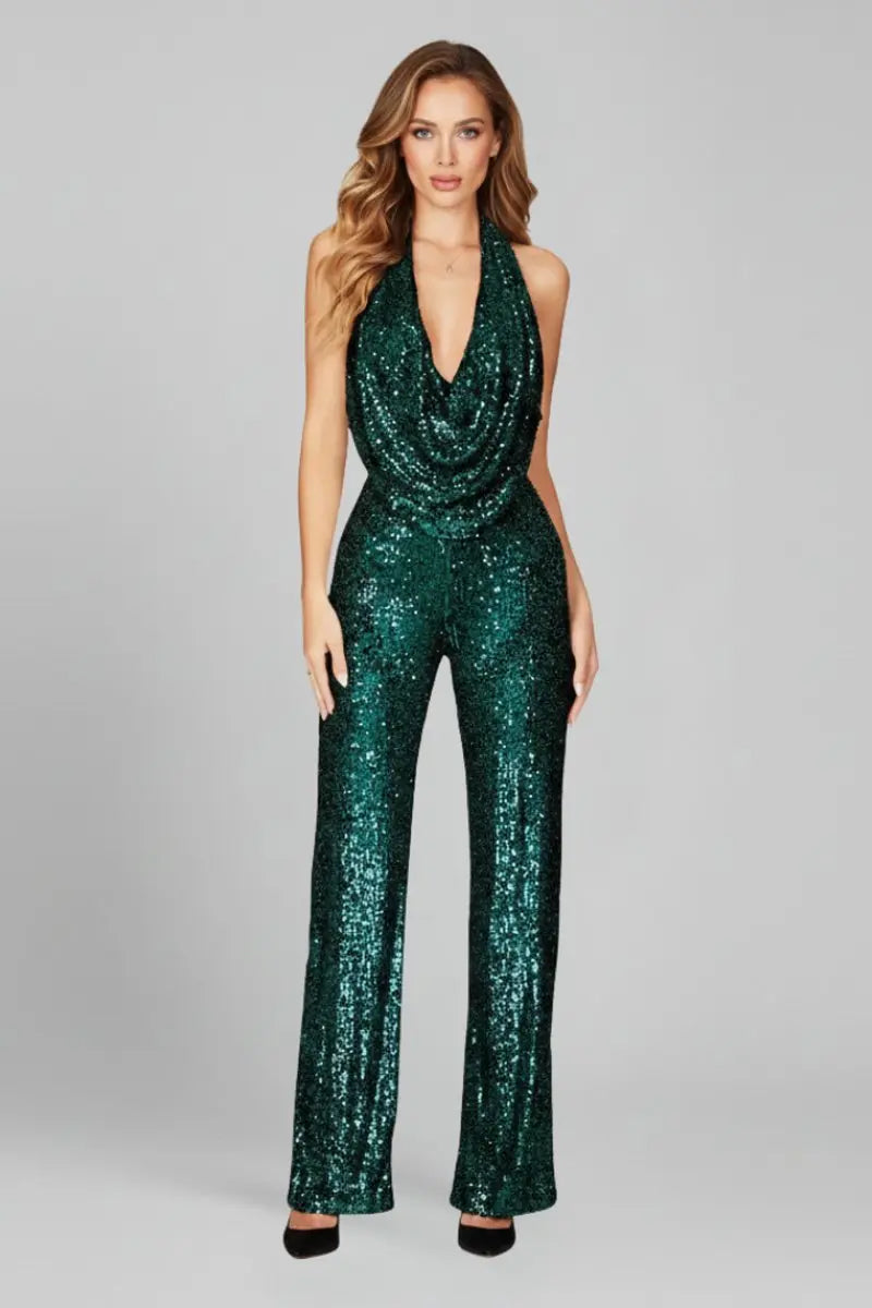 Women's Sequin Halter-Neck Cowl Wide Leg Pants Jumpsuit
