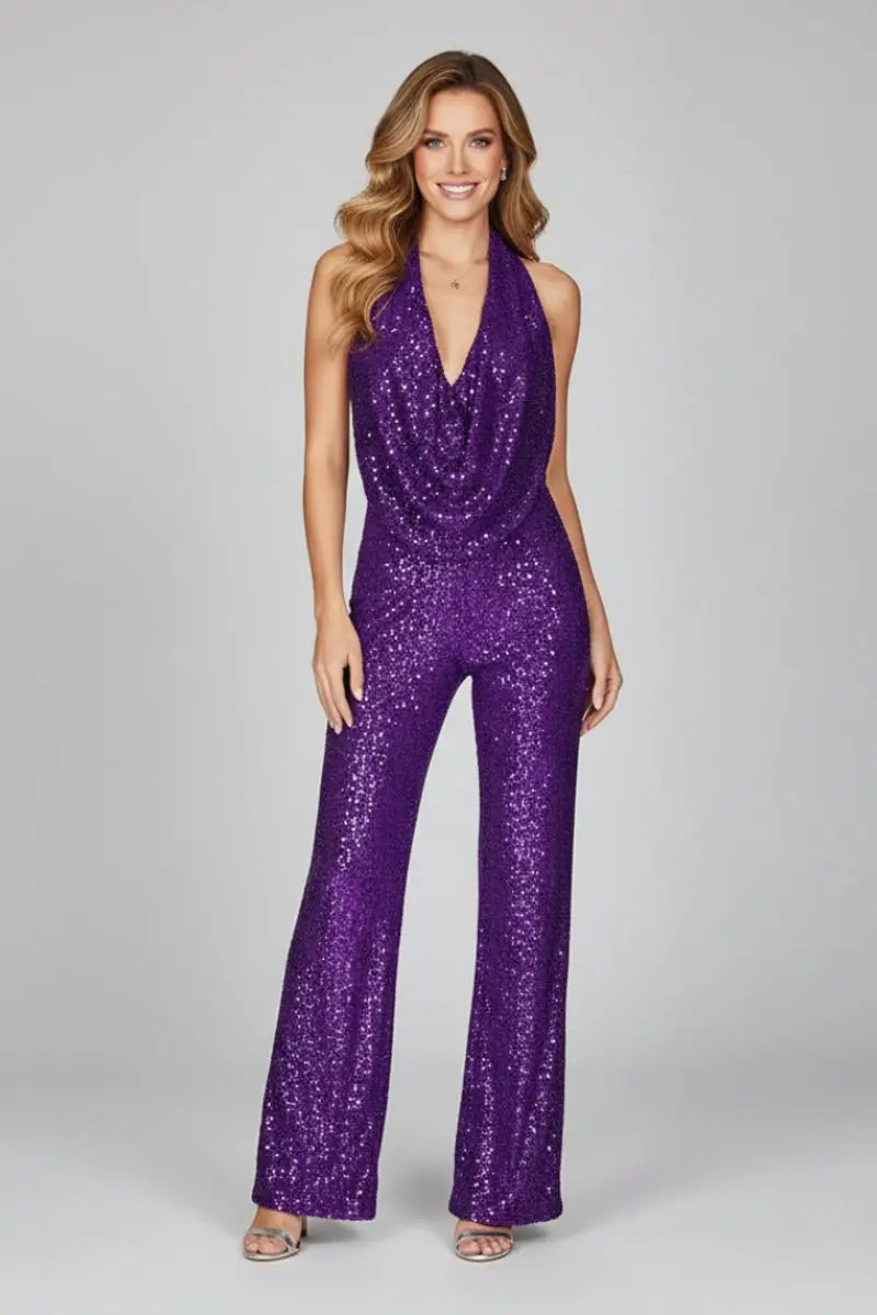 Women's Sequin Halter-Neck Cowl Wide Leg Pants Jumpsuit