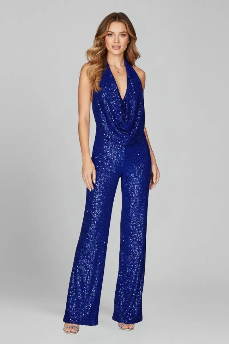 Women's Sequin Halter-Neck Cowl Wide Leg Pants Jumpsuit