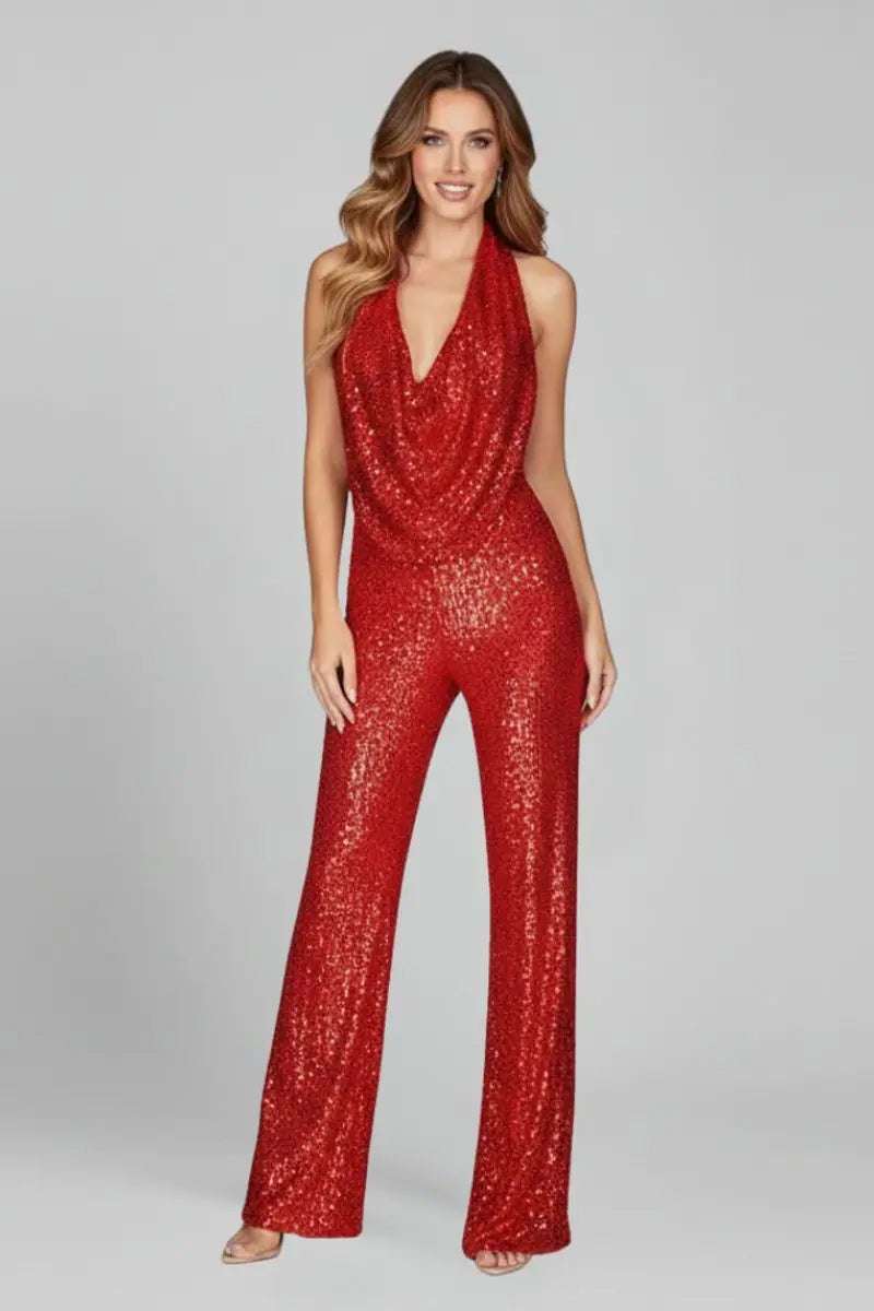 Women's Sequin Halter-Neck Cowl Wide Leg Pants Jumpsuit