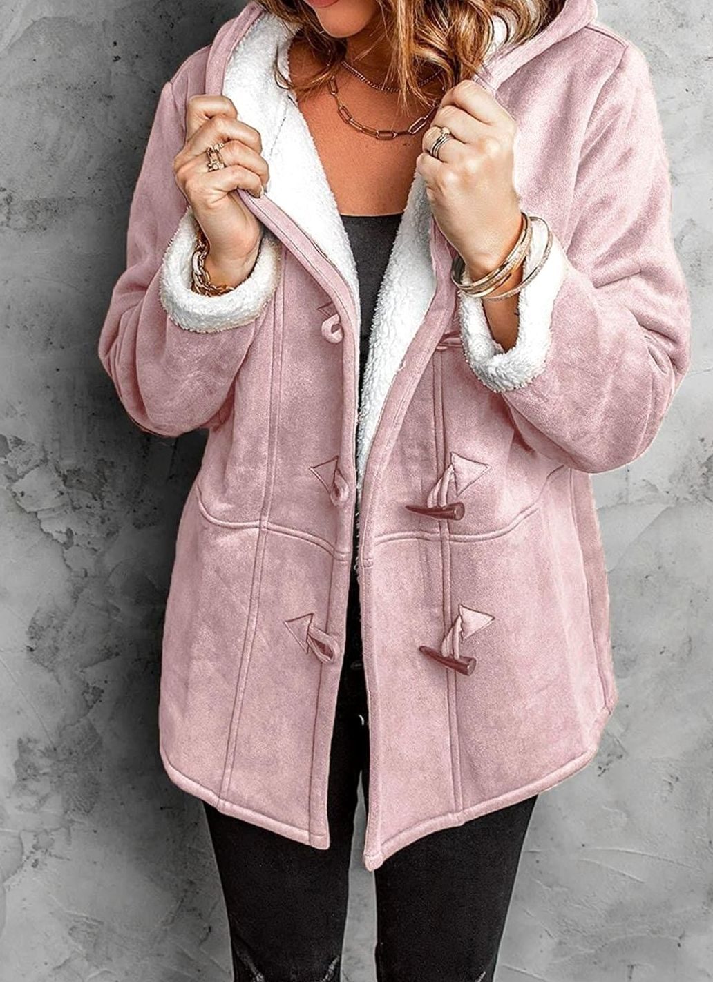 Women's Sherpa-Lined Hooded Duffle Coat Toggle Buttons