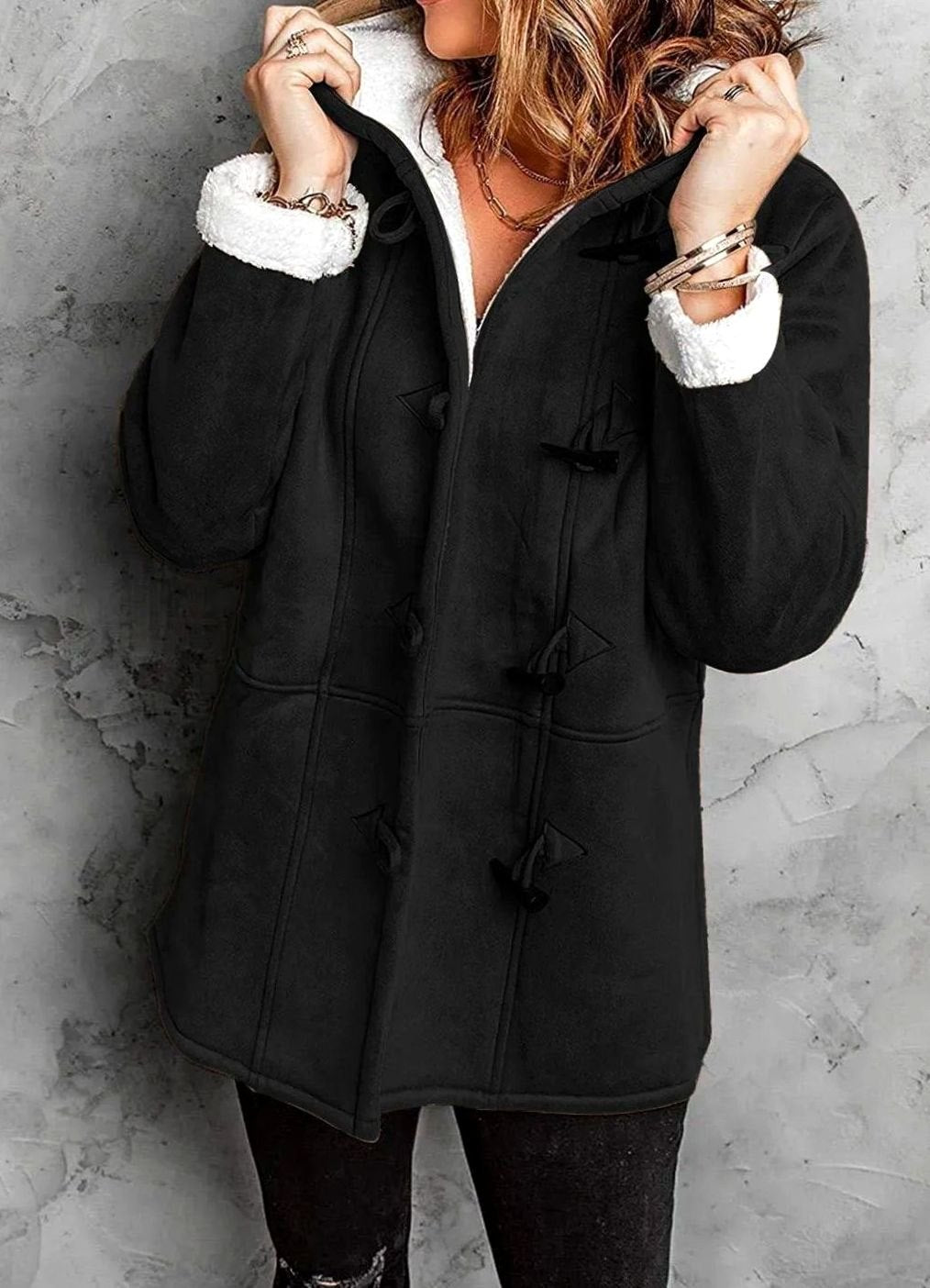Women's Sherpa-Lined Hooded Duffle Coat Toggle Buttons