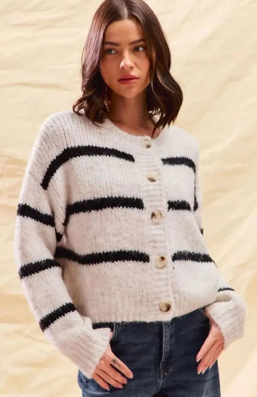 Women's Striped Button-Down Winter Knit Cardigan