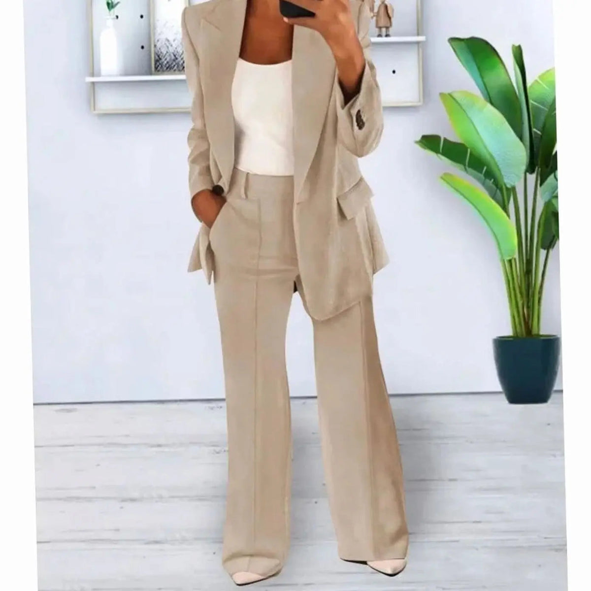 Women's Tailored Two-Piece Suit Set Long Blazer Wide-Leg Trousers