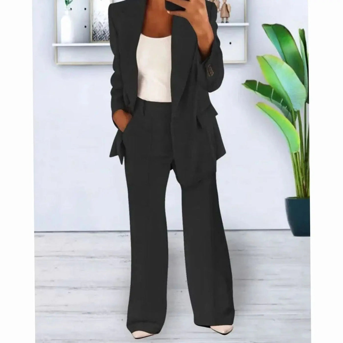 Women's Tailored Two-Piece Suit Set Long Blazer Wide-Leg Trousers