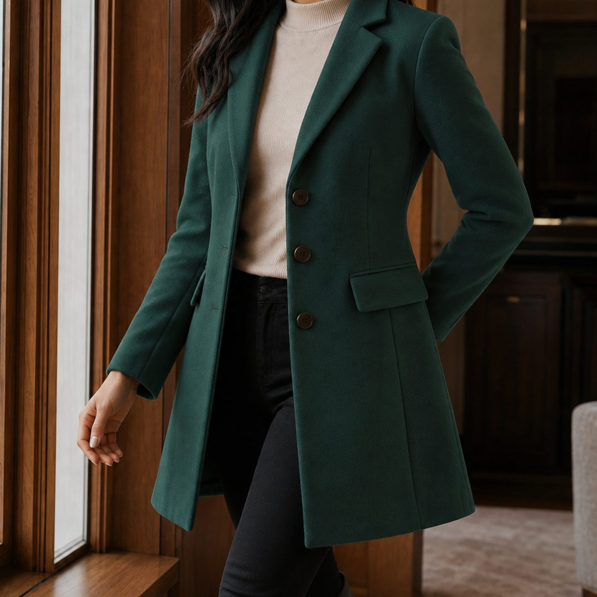 Women's Tailored Wool-Blend Notched-Lapel Button-Front Coat
