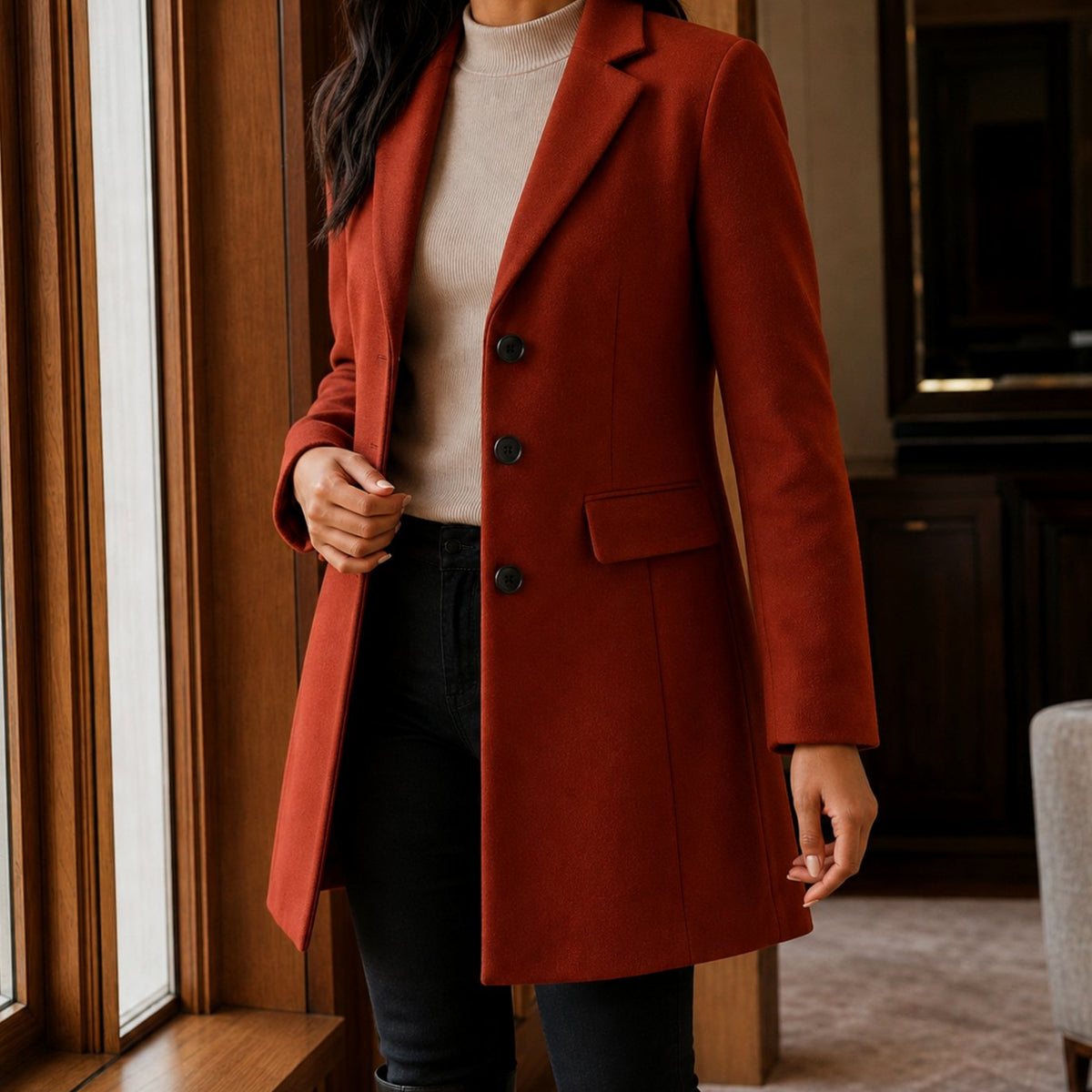 Women's Tailored Wool-Blend Notched-Lapel Button-Front Coat