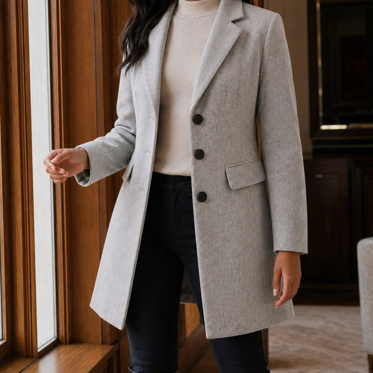 Women's Tailored Wool-Blend Notched-Lapel Button-Front Coat