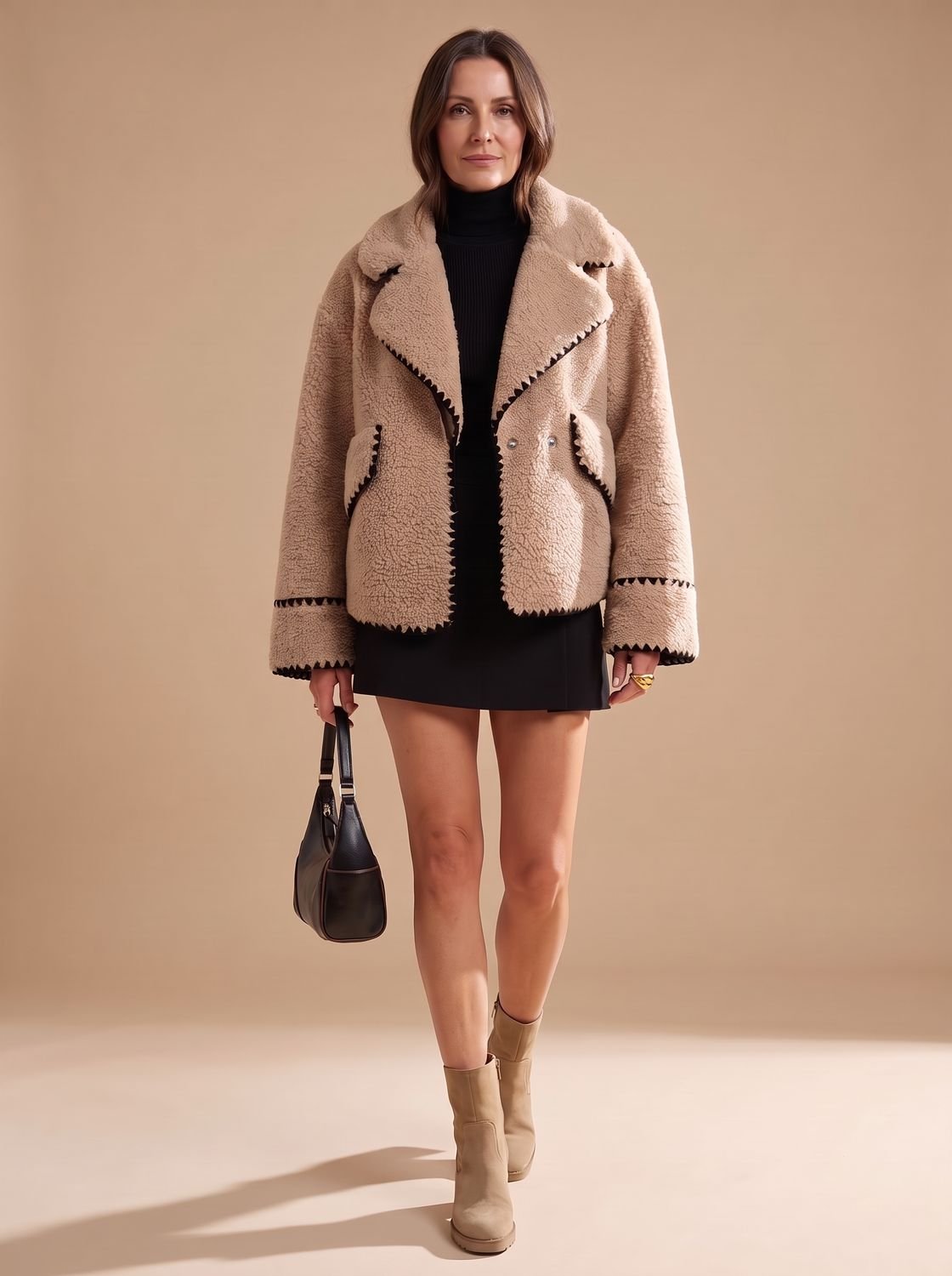 Amelia | Women's Teddy Faux Fur Bomber Jacket Contrast Trim