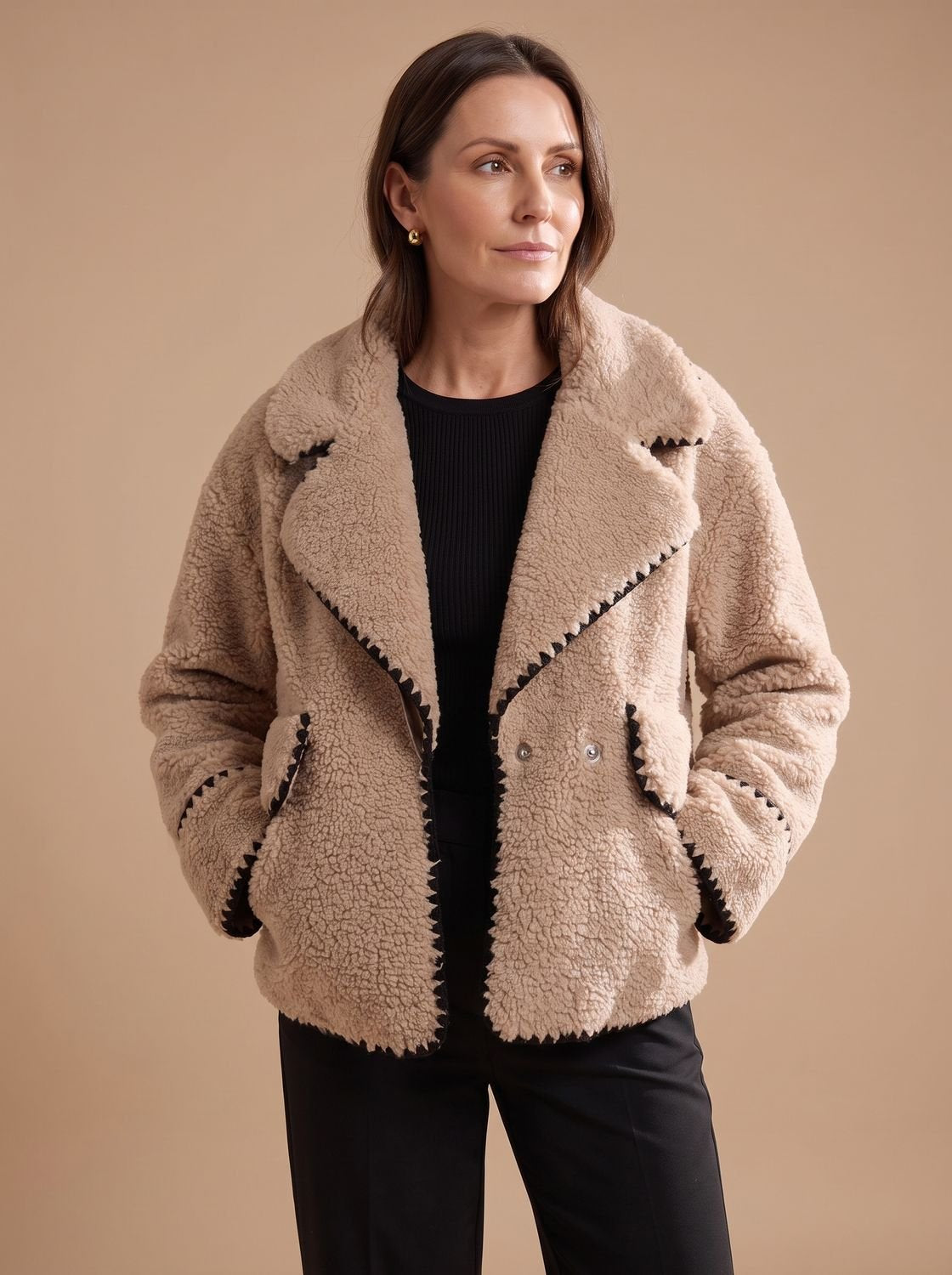Amelia | Women's Teddy Faux Fur Bomber Jacket Contrast Trim