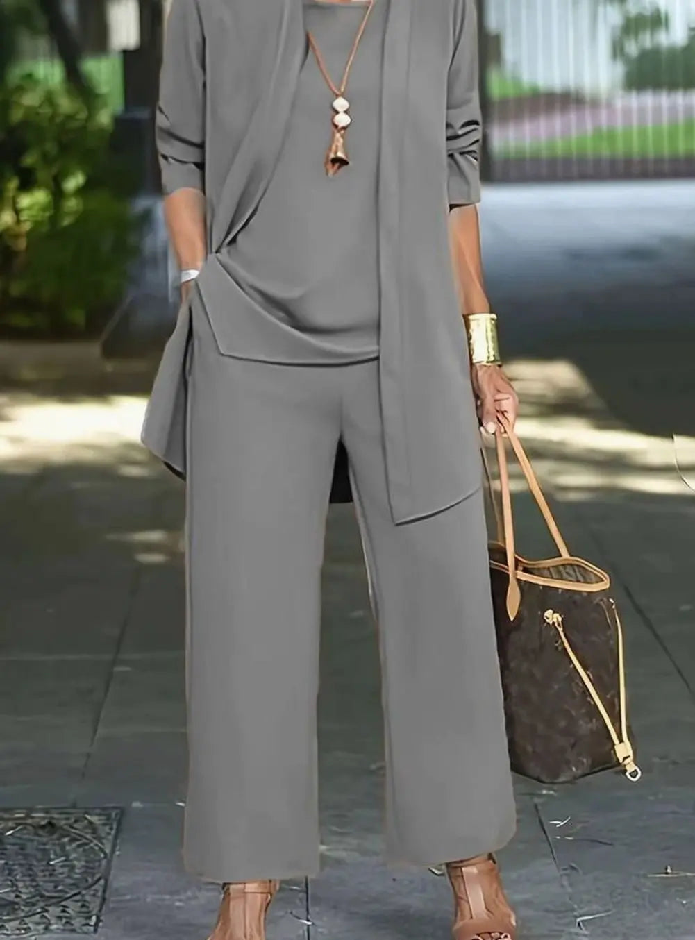 Women's Three-Piece Relaxed Wide-Leg Trouser Outfit Set