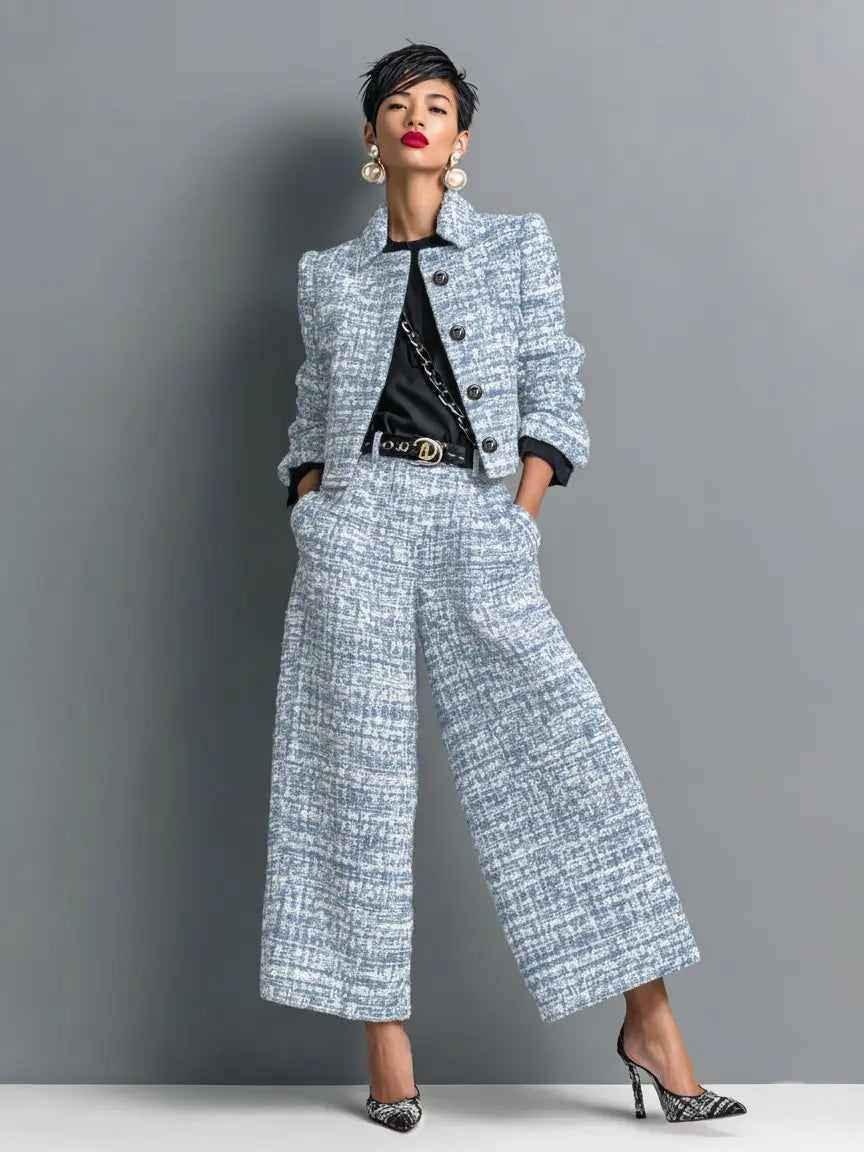Women's Tweed Two Piece Suit Cropped Blazer Wide Leg Trousers