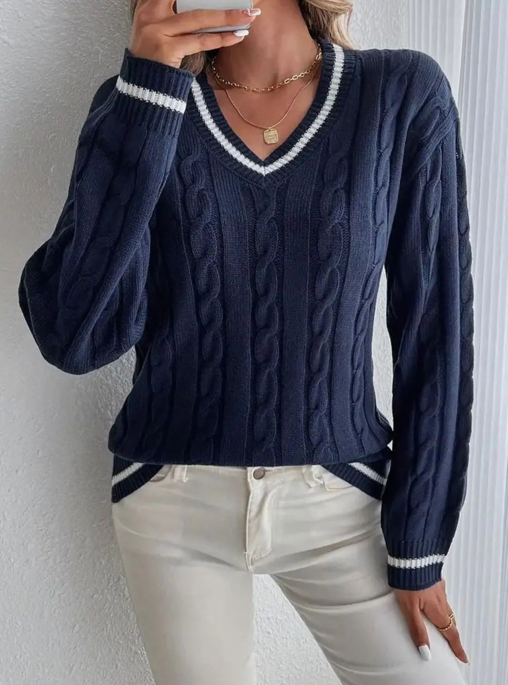 Women's V-Neck Cable Knit Jumper Striped Trim Long Sleeve