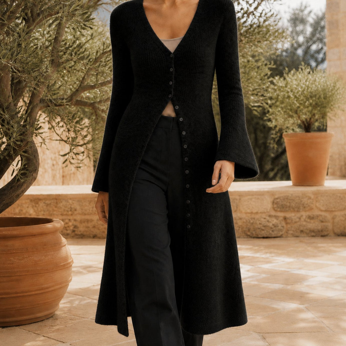 Women's V-Neck Longline Button-Front Knit Cardigan