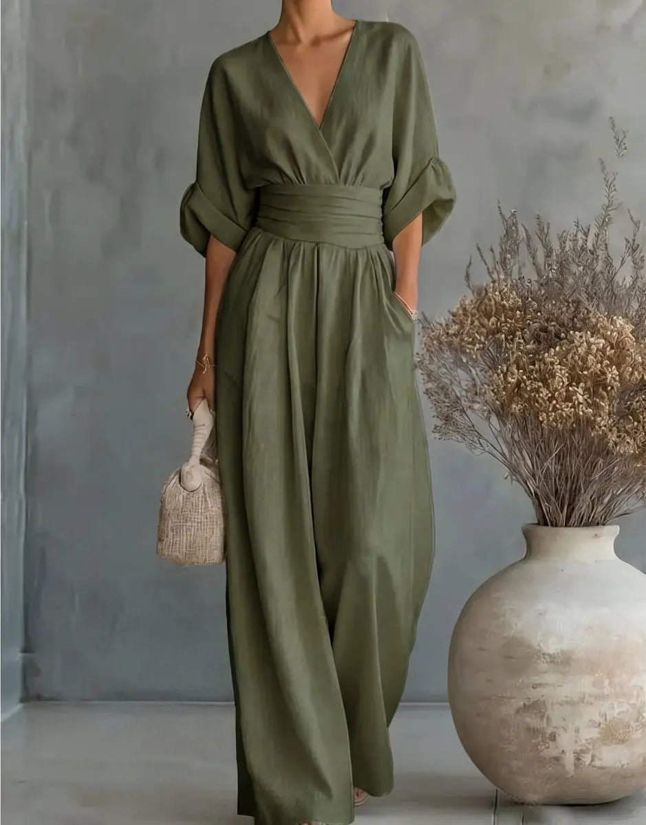 Women's V-Neck Wrap-Bodice Wide-Leg Jumpsuit