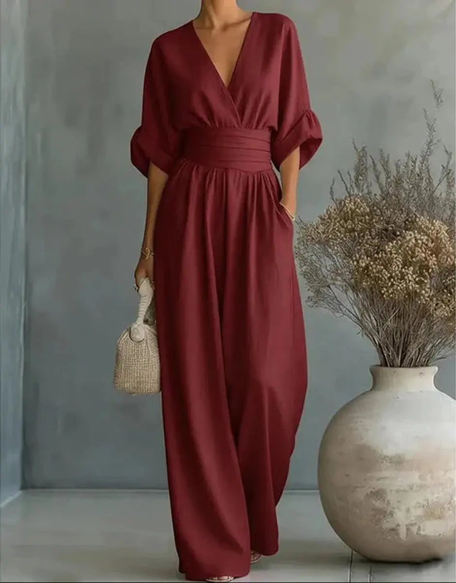 Women's V-Neck Wrap-Bodice Wide-Leg Jumpsuit