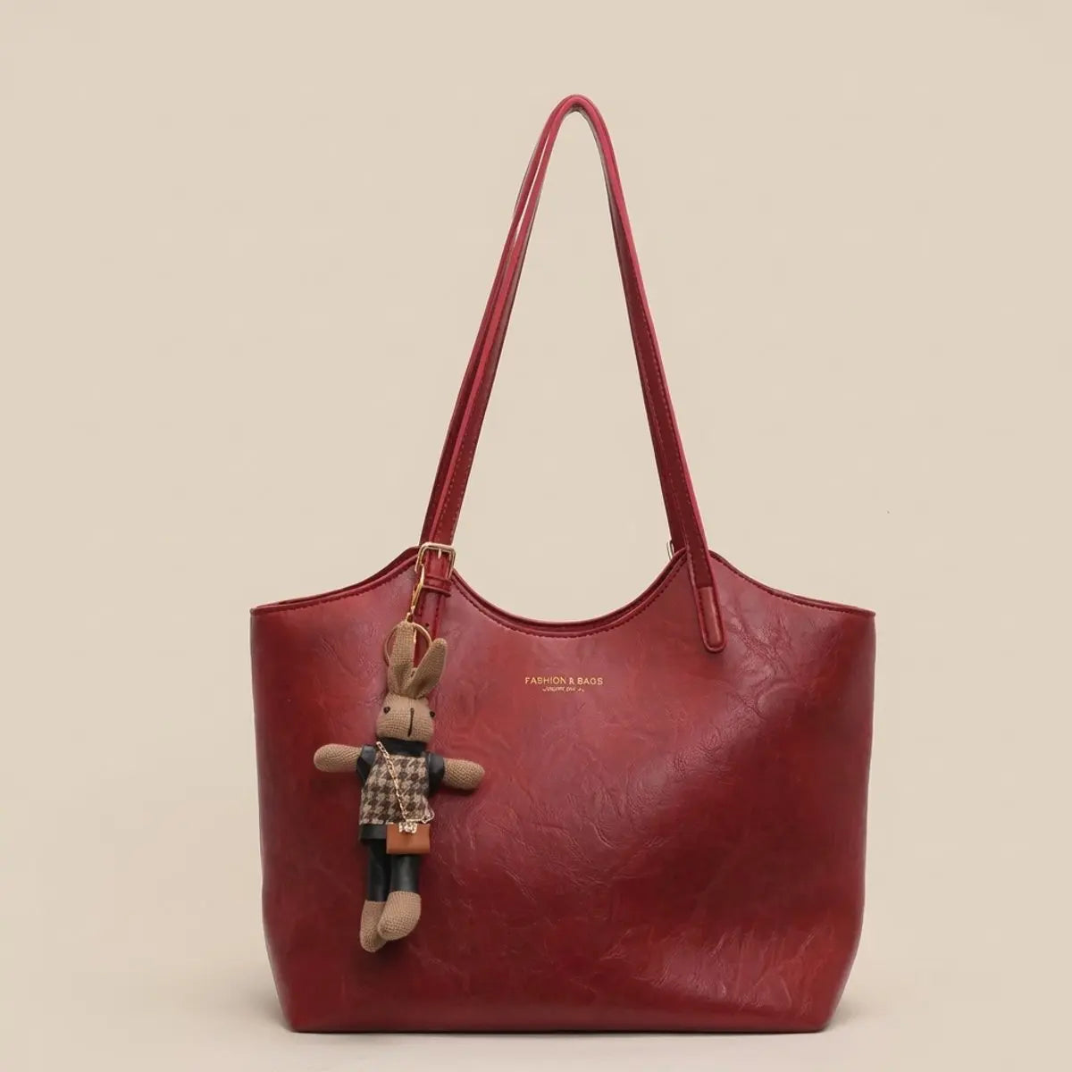 Women's Vegan Leather Shoulder Tote Bag Plush Bunny Charm